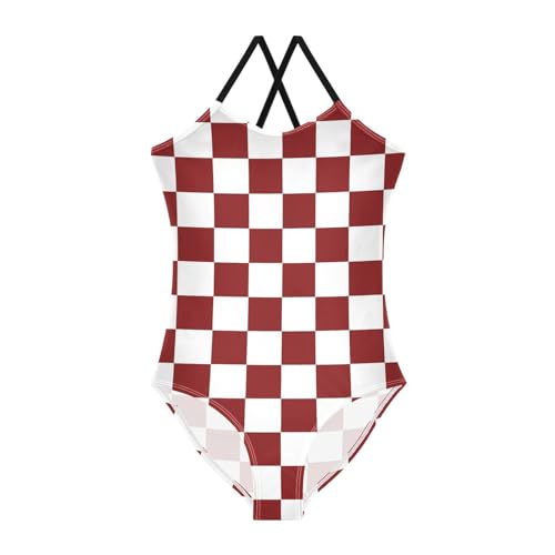Chessboard Girls One Piece Swimsuits Red and White Sport Halter Swimwear Beach Bathing Suit 9-10T
