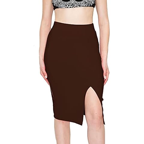 FashionMille Women Slim Fit Comfy Stretchy Bodycon High Waist Pencil Skirt with Slit - brown - Small Cover