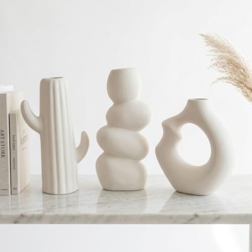 Image of Modern Ceramic Vase Set of 3 | Nordic Minimalist Donut & Abstract Design Flower Vases | Matte White Home Decor for Living Room, Table, Shelf, Office | Pampas & Dried Flower Vase