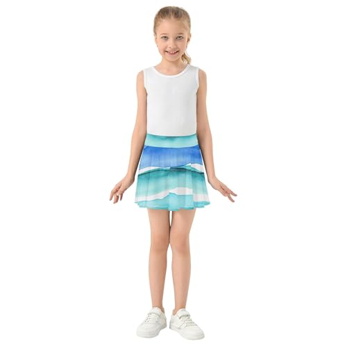 Kids Tennis Skirts Watercolor Ocean Waves Blue Turquoise Girls Skorts Athletic Shorts Personalized Flowy Skirt 4t3