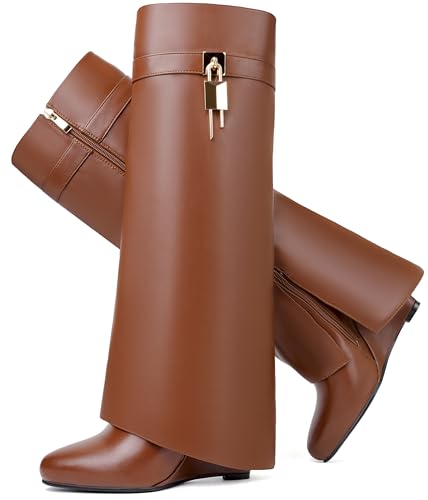 Image of Fold Over Boots for Women Pointy Pull-on Wedge Heel Knee Shark Boot With Side Zipper Padlock Design
