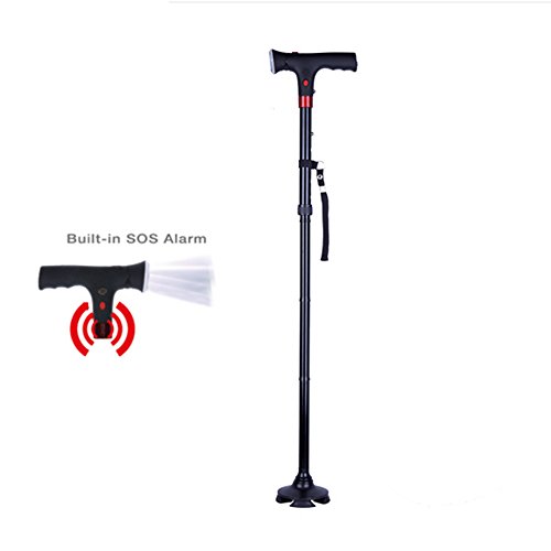 Seniors Light Safety Alarm Folding Quad Cane Walking Cane Collapsible Lightweight Adjustable Portable