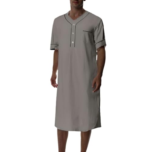 Lu's Chic Men's Cotton House Coat Short Sleeve Cotton Robe Comfy Fall Long V Neck Side Split Soft Knee Length Baggy