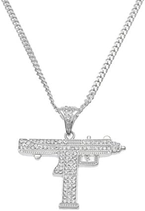 Clearance! Hip Hop Men Womens Plated Submachine Gun Iced Out Rhinestone Pendant Gold Cuban Chain Necklace Punk Style (Silver, Alloy)
