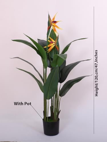 Image of ARICK DECOR Artificial Bird of Paradise Plant 4Ft Tall with Flowers - Fake Tropical Palm Tree with 2 Faux Orange Yellow Crane Flowers & Silk Banana Leaves, Large in Black Pot