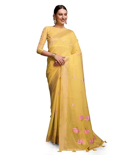 Image of SWORNOF Womens Linen Silk Saree | Saree for Women With Unstitched Blouse | Saree with Blouse Piece | Soft and Skin Friendly