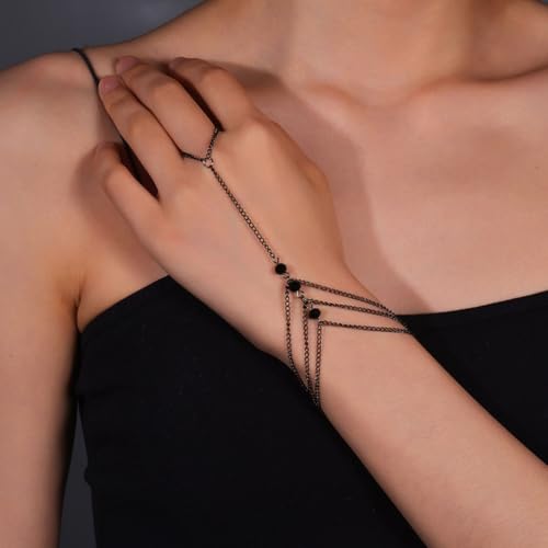 GIGB PBDK Gothic Black link Finger Bracelet, Fake Obsidian Crystal Chain Simple Daily Tassel Bracelet, Dark Halloween Festival Bow Jewelry Gifts2