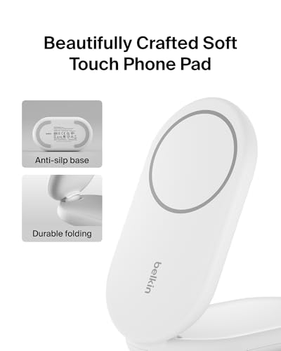 Image of Belkin MagSafe Qi2 Wireless Charger | 2-in-1 Magnetic Foldable 15W | Fast Charger for iPhone 16, 15, 14, 13, 12 | Charging Station with Non-Slip Base | PSU Included | White