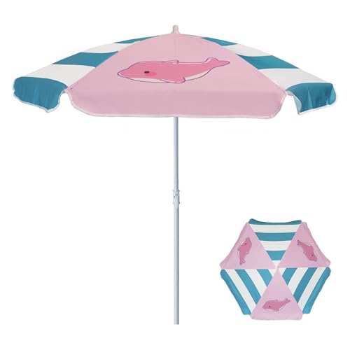 AMMSUN 5ft Seaside Umbrella for Sand Box Water Table - Kids Durable Umbrellas for children Picnic Beach Camping Garden Outdoor Play Shade Pink Dolphin