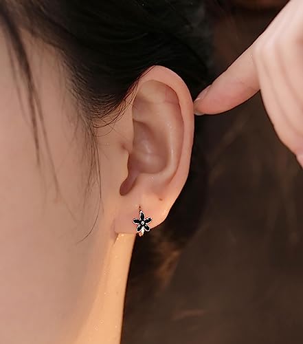 Reffeer Solid 925 Sterling Silver Daisy Flower Hoop Earrings Huggie for Women Teens Black Flower Hoop Earrings Cartilage Helix Earrings2