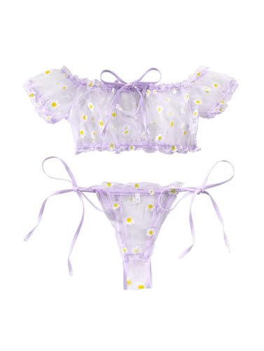 Image of Lilosy Sexy Stretch Ruffle Tie Sheer Mesh Lingerie Set Outfits 2 Piece Women Kawaii Cute See Through Matching Bra Panty Underwear Flower Lavender Purple Medium