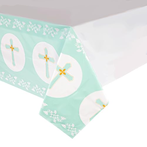 Image of BLUE PANDA 3-Pack Disposable Plastic First Communion Table Cloth - 54 x 108 in White Rectangular Pleated Plastic Cover - Spill Protection & Easy Cleanup - Religious Baptism Decorations
