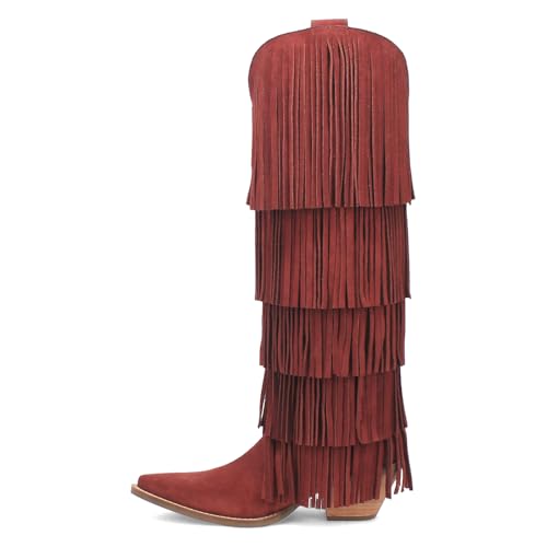 Dingo Womens Wild Child Fringe Snip Toe Pull On Casual Boots Over the Knee Mid Heel 2-3" - Red3