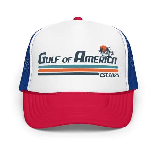 Gulf of America Trucker Hat Snapback Red White Blue Patriotic Baseball Cap - Men and Women Adjustable One Size Fits Most Printed in USA Gulf of Mexico Patriot Rally Gift Republican Trump Style