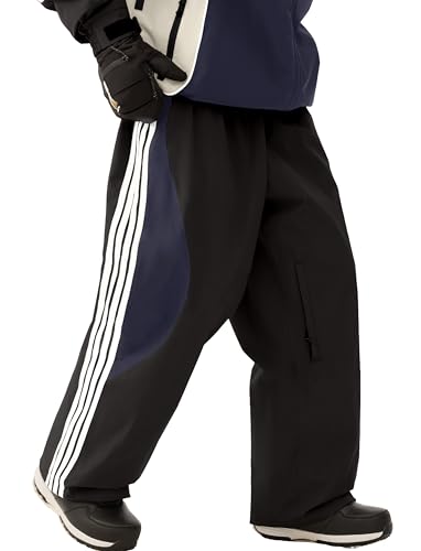 GSOU SNOW Women Mens Snow Pants Baggy Snowboard Pants Retro Sporty Side Stripe Ski Pants Insulated Waterproof Winter Outdoor Black