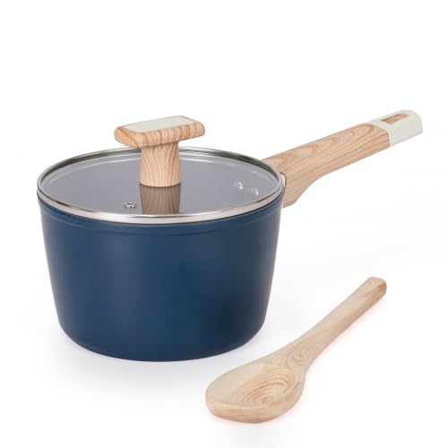 Image of Kreme Ceracook Ceramic Coated Granite Sauce Pan 1.8L /24cm with Glass Lid, ISI Certified Tea, Chai Pot, Forged Aluminium, Gas & Induction Use, Non Toxic PFAS & PTFE Free, 1 Yr Warranty, Ocean Deep Blue