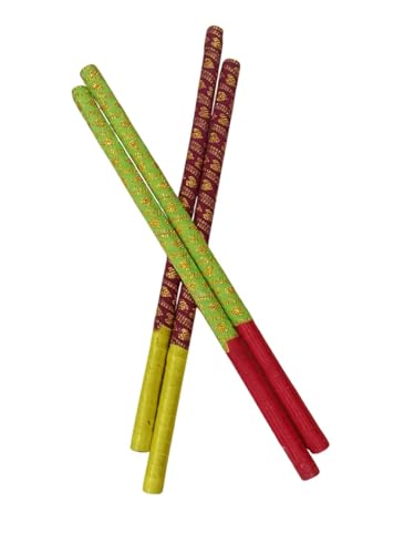 Image of BookMyCostume Decorative Wooden Dandiya Sticks Pack of 2 (4 Pieces) | Green & Brown Combo with Golden Leaf Print | Dandiya Sticks for Navratri & garba nights | Fancy Dress Accessory for Kids & Adults