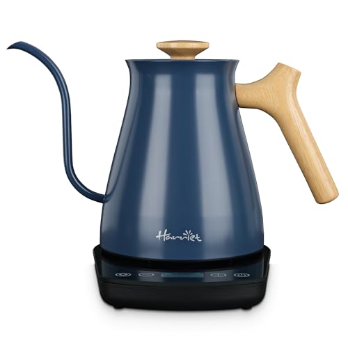 Harriet Gooseneck Electric Kettle with Temperature Control & Bult-in Timer - 1200W Fast Heating, 0.8 Liter, Wood Handle, Stainless Steel Electric Water Kettle for Pour Over Coffee and Tea, Blue