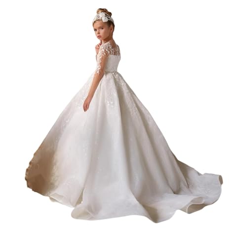 Girls Lace Appliques Flower Girl Dress Long Sleeves Long Wedding Dress Puffy Tulle White Pageant Dress CT17