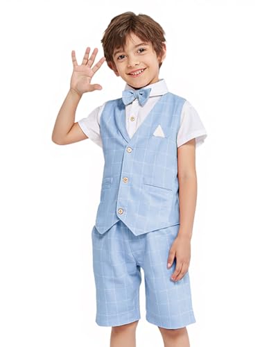 Image of Summer Boys Suit Dress Clothes Kids Wedding Ring Bearer Outfit 4Pcs Shirt Vest Shorts Set