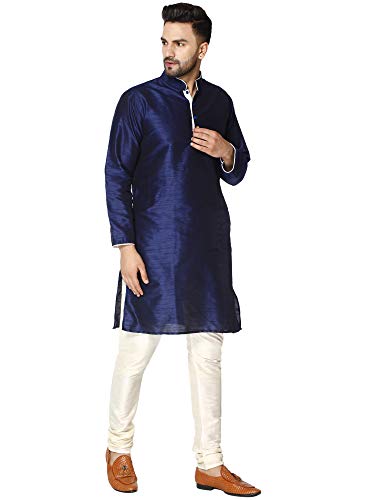 Image of SKAVIJ Men's Art Silk Contrast Kurta Pyjama Set Woven Design 2-Piece Festive Ethnic Dress