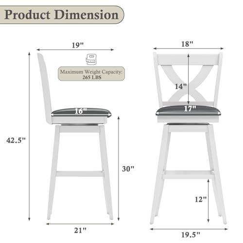 Image of Swivel Bar Stools Set of 2, Farmhouse 30 inch Counter Height Barstools with X Carved Backs, Wooden Bar Chair with Solid Wood Legs & Footrest for Kitchen Island, Home Bar, Pub. Pure White