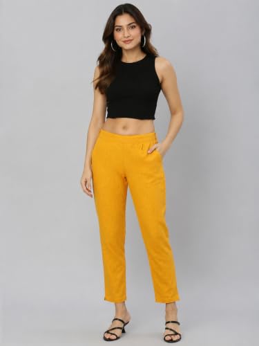 Image of Yash Gallery Women's Regular Fit Mid Rise Solid Cotton Slub Ankle Length Regular Trouser Pant