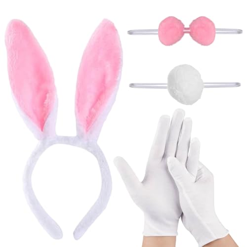 TGKEAIY Conjunto de 4 peças de fantasia de coelho rosa, disfarce de coelhos da Páscoa para adultos, orelhas de coelho bandana, gravata-borboleta, branco luvas, , para Halloween, páscoa, festa