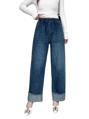 Womens Wide Leg Pants Baggy Jeans Straight High Waisted Fold Hem Denim Pants with Pockets Elastic Waist Pants (US, Alpha, Medium, Regular, Regular, A)