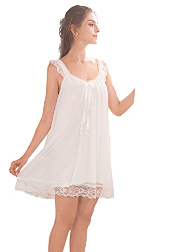 Verdusa Women's Lace Trim Nightdress Bow Sleeveless Nightwear Nightgown White S #TOP6