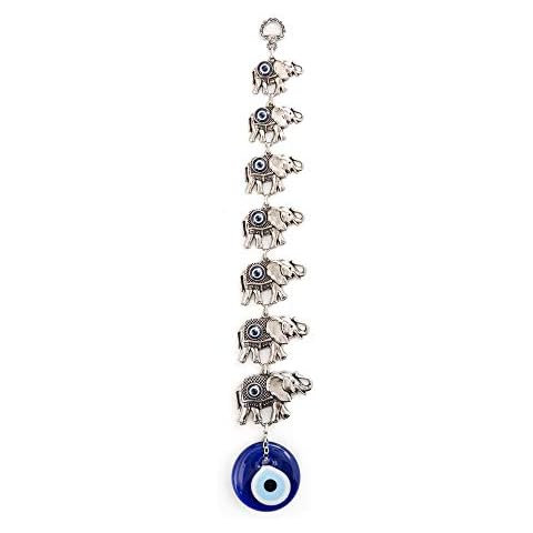 Erbulus Seven Elephants Glass Turkish Blue Evil Eye Wall Hanging Ornament – Silver Metal Home Decor - Turkish Nazar Bead Amulet - Protection and Good Luck Charm Gift Cover