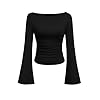 PRETTYGARDEN Women’s Long Sleeve Shirts 2025 Fall Crop Going Out Tops Casual Boat Neck Bell Sleeve Ribbed Ruched Y2K Clothes