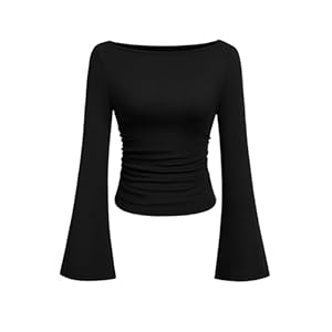 PRETTYGARDEN Women’s Long Sleeve Shirts 2025 Fall Crop Going Out Tops Casual Boat Neck Bell Sleeve Ribbed Ruched Y2K Clothes