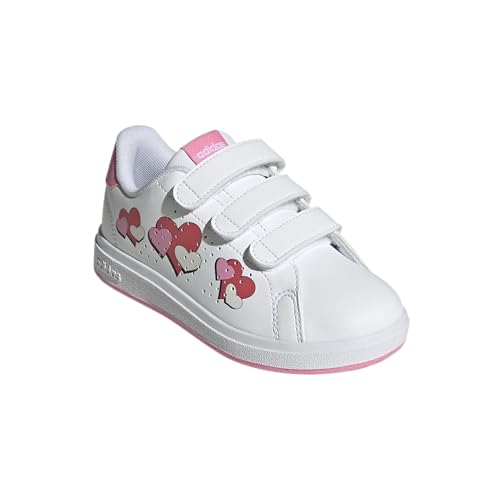 adidas Tênis esportivo unissex infantil Advantage Base 2.0, Branco/Rosa Bliss/Vermelho semi lúcido,