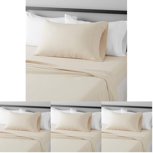 Image of Amazon Basics Lightweight Super Soft Easy Care Comfortable Breathable Brushed Microfiber 3-Piece Bed Sheet Set with 14-Inch Deep Pockets,Wrinkle Resistant,Twin XL,Beige,Solid,(Pack of 4)