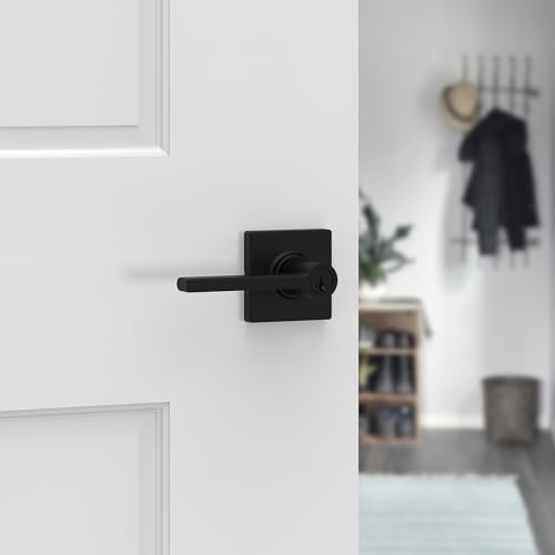 Image of Kwikset Casey Entry Door Handle with Lock and Key, Secure Keyed Reversible Lever Exterior, for Front Entrance and Bedrooms, Matte Black, 4 Pack, Pick Resistant SmartKey Rekey Security and Microban