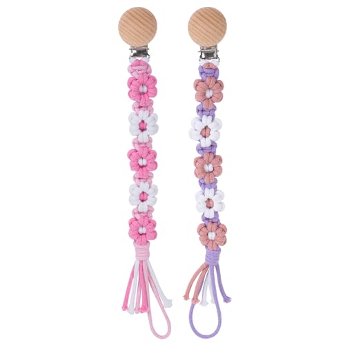 Image of Pacifier Clip for Boys Girls Floral Daisy Macrame Baby Paci Clip Pacifier Holder Leash Boho Wooden Clips Handmade Braided Cotton Binky Clips (2pack:Pink Daisy & Lavender Style A)