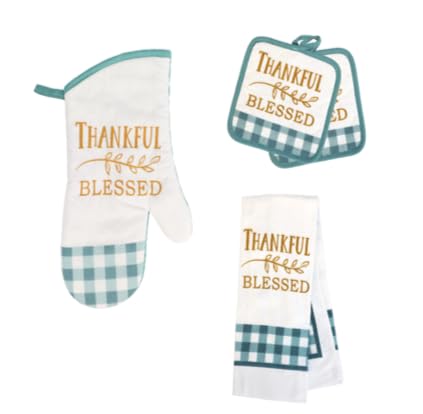 BLJ Fall Sentiments Thankful Blessed Home Kitchen Décor Kitchen Linen Thanksgiving Holiday Autumn Fall Theme Plaid Kitchen Set 4 Piece, 2 Potholders, and 1 Oven Mitt, and 1 Kitchen Towel.