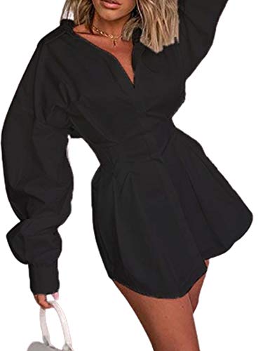 Sexy Mini Shirt Dress for Women - Casual Button Down Blouse Long Sleeve V Neck Belted Shirts Blouse Top Short Dress (Black, S)