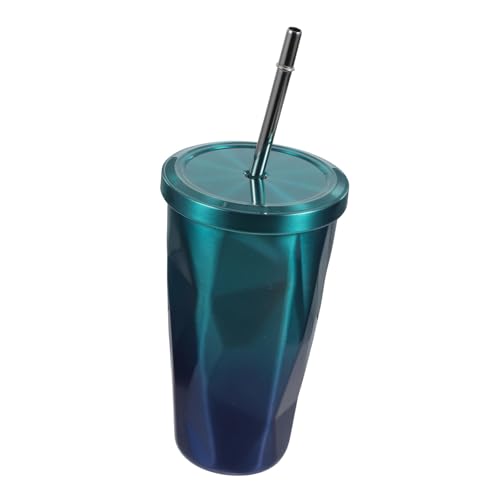 Mikinona Edelstahl Becher Mit Strohhalm 500 Ml Doppelwand Trinkbecher Für Heiße Und Kalte Getränke Blaugrauer Unregelmäßiger Diamant Design Mit Deckel Und Reinigungsbürste Für Sport