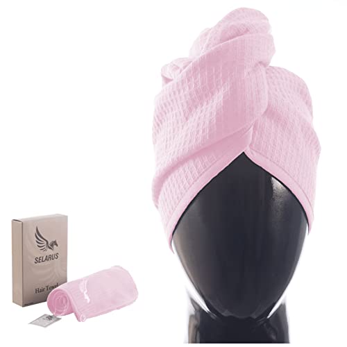 Selarus 100% Turkish Cotton Hair Towel Wrap For Women,Non Microfiber,Super Absorbent,Antifrizz,Plopping Hair Drying Waffle Bath Towels For Curly,Long&Thick Hairs,Turban Head Wrap,1Pack10X26Inc(Pink) #TOP14
