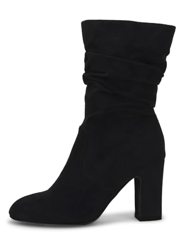 Coutgo Women's Mid Calf Slouchy Boots Suede High Heel Zip Stacked Chunky Block Round Toe Booties4