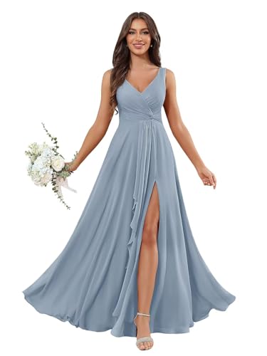 POMUYOO Sleeveless Bridesmaid Dresses for Women V-Neck Chiffon Ruffles Long Formal Party Gowns for Wedding