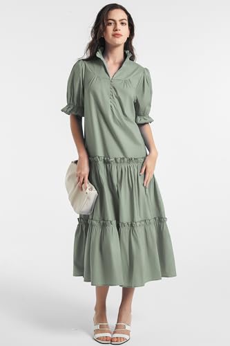 Image of D-Sun Women Casual Button Down Maxi Dress Short Puff Sleeves Stand Collar Tiered Elegant Flowy Swing Long Dress with Tie