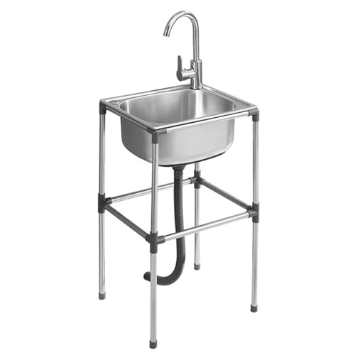 KOQENAG Fregadero De Cocina Pequeño, Fregadero De Acero Inoxidable De Un Seno, con Grifo De Agua Fría Y Caliente, para Cocina Baño Lavandería Jardín Garaje Restaurante(42x37x80cm/16.5x14.6x31.5in)