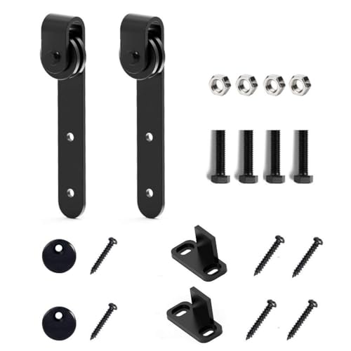Helilyco Mini kit de herrajes para puerta corredera para puertas de granero, capacidad de 70 libras, sistema de rodillos de acero al carbono con recubrimiento en polvo negro con guía de suelo y