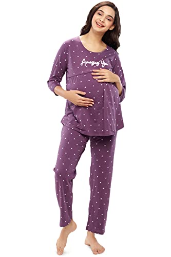 ZEYO Women’s Cotton Heart Printed Maternity & Feeding Night Suit Set of Top & Pyjama Nursing Night Dress 5629