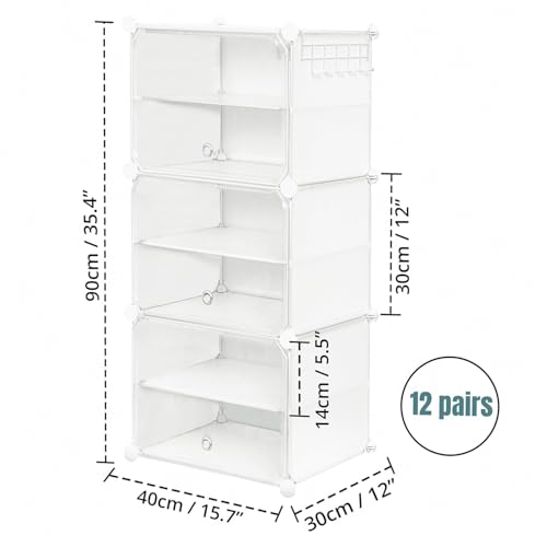 Image of ABOUT SPACE Shoe Rack for Home with Door - 12 Pair DIY Slipper Stand with Hanger, 3 Cube Expandable Shelves Closed Shoes Rack for Home Men, Women Heels Boots Flip-Flops (White - L 40 x B 30 x H 90 cm)