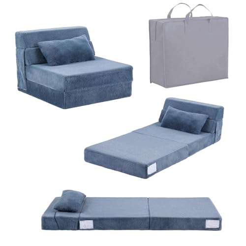 Image of Tiita Convertible Folding Kids Sofa Bed with Pillow & Storage Bag, Plush Fabric Floor Mattress Couch Bed, Washable Cover, Kids Room, Playroom, Dorm, Apartment, Blue Grey