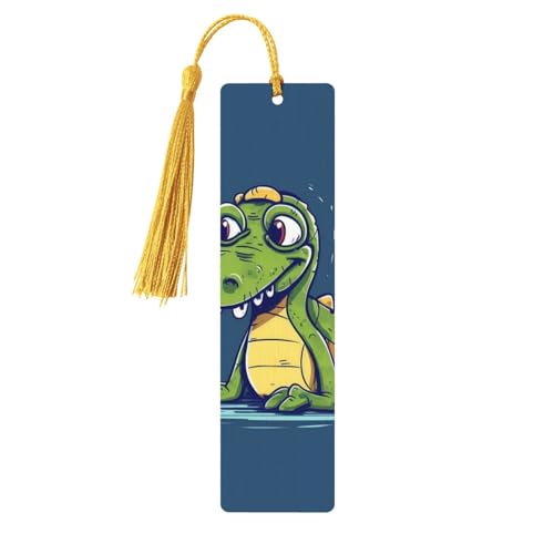 カラフルなタッセル付き木製ブックマーク ゴールド、カートゥーンクロコダイル木製ブックマーカー パーソナライズされた木製ハンギングタグオーナメント DIY クラフトブックマーク 男性/女性向け 本好き向け